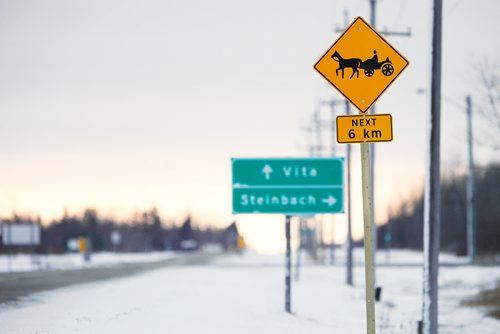 JOHN WOODS / WINNIPEG FREE PRESS
Signage warning drivers of horse and cart traffic on highway 201 east and west of Vita have been posted in preparation of an increase of Amish residents photographed Sunday, November 5, 2017.