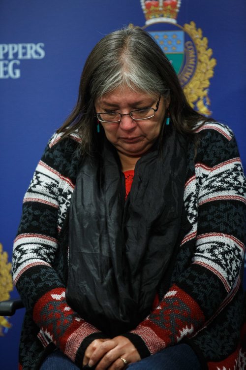 MIKE DEAL / WINNIPEG FREE PRESS
Lydia Pratt quietly holds back her emotions the best she can during a press conference at the Police HQ the day before the third anniversary of when her son Colten Pratt went missing. 
171106 - Monday, November 06, 2017.