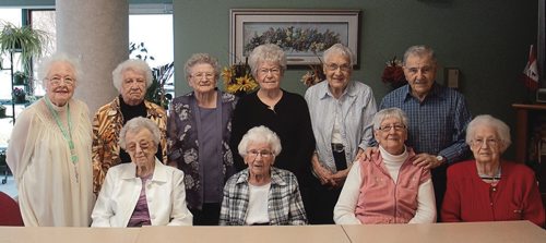 Canstar Community News Over a dozen residents of St. Michael's Villa (114 Yale Ave. East) celebrated a joint birthday for those aged 90 and older. Back row, from left: Joyce Grace, Anne Hingey, Justina Andrusiak, Janetta Bomhoff, Rose Taylor, Charlie Sciberras. From row, from left: Sophie Skolny, Mary Corbett, Rose Sciberras, Jean Dobush. Missing: Jo Lopuck, Olive King, Ann Westerik, Ksenia Papish, and Mary Manitowich. (SHELDON BIRNIE/CANSTAR/THE HERALD)