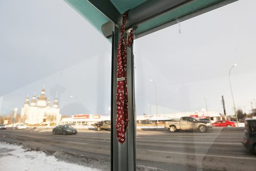 JOHN WOODS / WINNIPEG FREE PRESS
The bus shelter on Main at Redwood where it is believed Colton Pratt was last seen three years ago is photographed Monday, November 6, 2017. In an effort to keep Pratt's memory alive and to raise awareness of his case family members tied neckties to the shelter today.