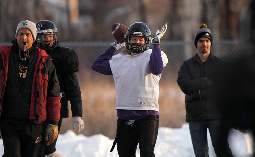 PHIL HOSSACK / WINNIPEG FREE PRESS  -Dakota quarterback Reid Vankoughnett keeps the ball airboirne at a team workout Monday. Jason Bell story.  - November 6, 2017