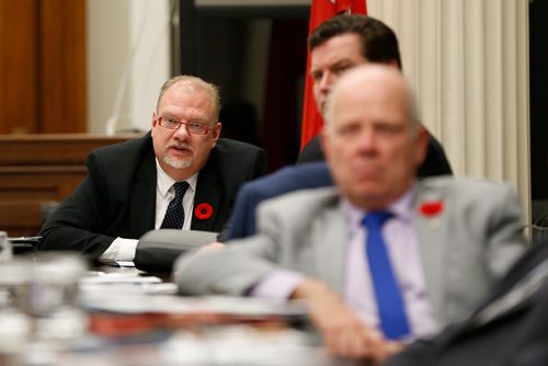 JOHN WOODS / WINNIPEG FREE PRESS
Minister Goertzen, questions a presenter during The Standing Committee on Legislative Affairs hearing on matters concerning Bill 34 - The Medical Assistance in Dying (Protection for Health Professionals and Others) Act at the MB Legislature Monday, November 6, 2017.