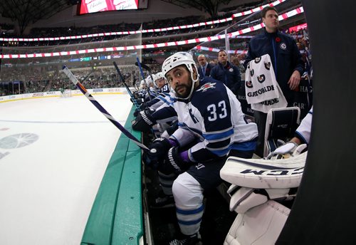 TREVOR HAGAN / WINNIPEG FREE PRESS
Winnipeg Jets' Dustin Byfuglien (33) on the bench while playing the Dallas Stars' during second period NHL action in Dallas, Monday, November 6, 2017.