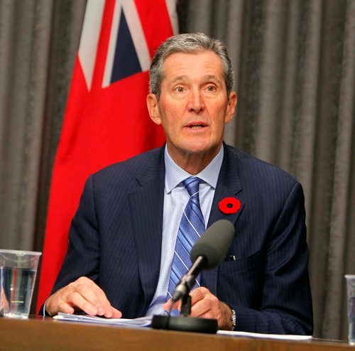 BORIS MINKEVICH / WINNIPEG FREE PRESS
Province announces hybrid model for distribution and retail of cannabis in room 68 at the Legislature. Premier Brian Pallister at the event. Nov. 7, 2017