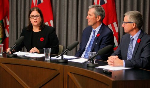 BORIS MINKEVICH / WINNIPEG FREE PRESS
Province announces hybrid model for distribution and retail of cannabis in room 68 at the Legislature. From left, Minister of Justice and Attorney General Heather Stefanson, Premier Brian Pallister, and Trade Minister Blaine Pedersen. Nov. 7, 2017