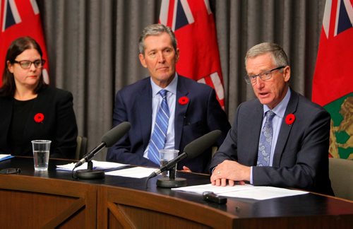 BORIS MINKEVICH / WINNIPEG FREE PRESS
Province announces hybrid model for distribution and retail of cannabis in room 68 at the Legislature. From left, Minister of Justice and Attorney General Heather Stefanson, Premier Brian Pallister, and Trade Minister Blaine Pedersen. Nov. 7, 2017