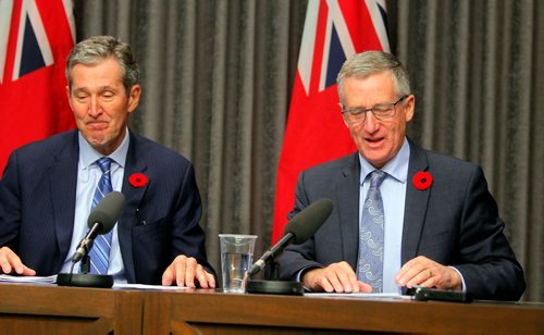 BORIS MINKEVICH / WINNIPEG FREE PRESS
Province announces hybrid model for distribution and retail of cannabis in room 68 at the Legislature. From left, Premier Brian Pallister and Trade Minister Blaine Pedersen. Nov. 7, 2017