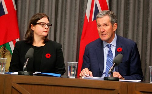 BORIS MINKEVICH / WINNIPEG FREE PRESS
Province announces hybrid model for distribution and retail of cannabis in room 68 at the Legislature. From left, Minister of Justice and Attorney General Heather Stefanson and Premier Brian Pallister. Nov. 7, 2017