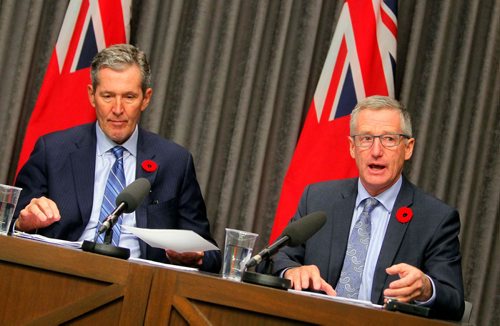 BORIS MINKEVICH / WINNIPEG FREE PRESS
Province announces hybrid model for distribution and retail of cannabis in room 68 at the Legislature. From left, Premier Brian Pallister and Trade Minister Blaine Pedersen. Nov. 7, 2017