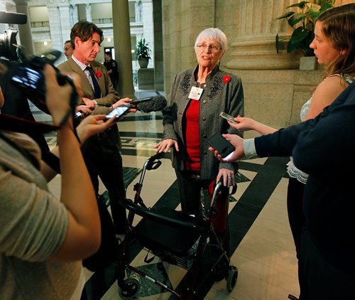 PHIL HOSSACK / WINNIPEG FREE PRESS  - Florence (Flo) Olson, who is concerned about the loss of access and the impact of proposed cuts to seniors concerned about their mobility. She shares those concerns here with media after attending Question Period at the legislature today. See Jane Gerster's story.  - November 7, 2017