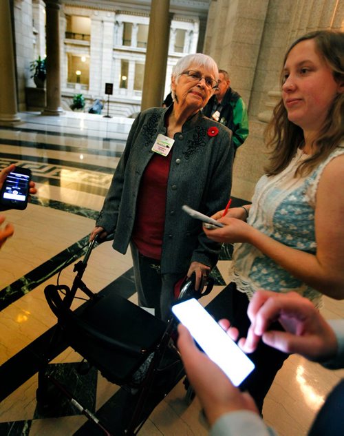 PHIL HOSSACK / WINNIPEG FREE PRESS  - Florence (Flo) Olson, who is concerned about the loss of access and the impact of proposed cuts to seniors concerned about their mobility. She shares those concerns here with media after attending Question Period at the legislature today. See Jane Gerster's story.  - November 7, 2017