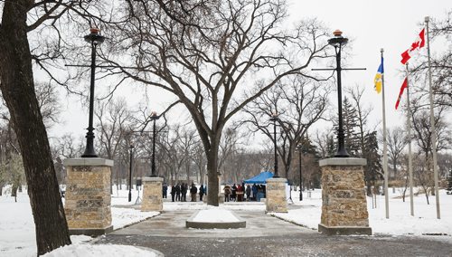 MIKE DEAL / WINNIPEG FREE PRESS
The parade plaza with new lighting and banner poles a the newly restored Vimy Ridge Memorial Park 44th Battalion monument and plaza at Portage Avenue and Canora Street.
171108 - Wednesday, November 08, 2017.