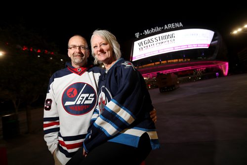 TREVOR HAGAN / WINNIPEG FREE PRESS
Jack and Kathy Swar, from Winnipeg, near T-Mobile Arena, are among many who came Las Vegas to watch the Winnipeg Jets take on the Vegas Golden Knights, Wednesday, November 8, 2017.