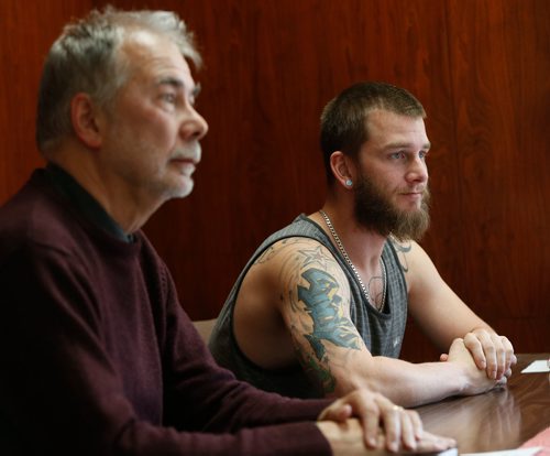 WAYNE GLOWACKI / WINNIPEG FREE PRESS 

At left, John Hutton, executive director of The John Howard Society of Manitoba Inc. speaks about their Bail Assessment, Support & Supervision Program. Cody Udey,28, has been benefiting from the program.   Ryan Thorpe story. Nov. 9 2017