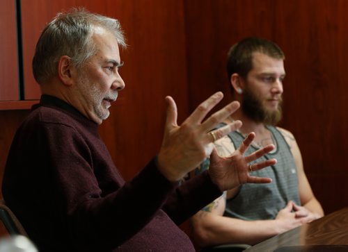 WAYNE GLOWACKI / WINNIPEG FREE PRESS 

At left, John Hutton, executive director of The John Howard Society of Manitoba Inc. speaks about their Bail Assessment, Support & Supervision Program.  Cody Udey,28, has been benefiting from the program.   Ryan Thorpe story. Nov. 9 2017