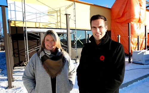WAYNE GLOWACKI / WINNIPEG FREE PRESS 

Real Estate. Karley David, Director, Corporate Communications and Jonathan Enright, Director of Operations both with the Boston Pizza, Enright Group in front of the soon to be Boston Pizza location in the Charleswood Shopping Centre. Murray McNeill story Nov. 9 2017