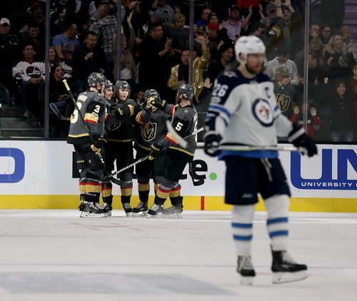 TREVOR HAGAN / WINNIPEG FREE PRESS
The Vegas Golden Knights' celebrate after William Karlsson (71) scored against the Winnipeg Jets' during second period NHL action at T-Mobile Arena in Las Vegas, Friday, November 10, 2017.