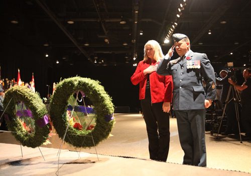 RUTH BONNEVILLE / WINNIPEG FREE PRESS

Wendy Hayward, mother of Corporal James Arnal who was killed while serving Canada in Afghanistan, salutes after  laying  wreath in front of cenotaph for  memorial cross mother during the annual Winnipeg Remembrance Day Service, at RBC Convention Centre Saturday.  

See Ryan Thorpe story. 

Nov 11, 2017