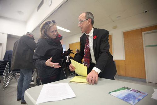 RUTH BONNEVILLE / WINNIPEG FREE PRESS

Winnipeg City Councillor Shawn Dobson talks to an St. James area resident at public meeting at the Heritage Victoria CC Saturday where a public meeting was held  for a proposed treatment centre at the old Vimy Arena that residents are up in arms over.  

See Ryan Thorpe story. 

Nov 11, 2017