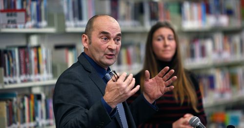 WAYNE GLOWACKI / WINNIPEG FREE PRESS 

 Bernard Lesage, pres. Division franco-manitobaine speaks at the news conference Monday re: french language education at risk. In back is Brigitte Lheureux with the Federation des parents du Manitoba. Nick Martin story Nov. 13  2017