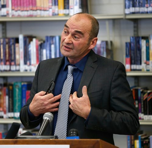 WAYNE GLOWACKI / WINNIPEG FREE PRESS 

 Bernard Lesage, pres. Division franco-manitobaine speaks at the news conference Monday re: french language education at risk. Nick Martin story Nov. 13  2017