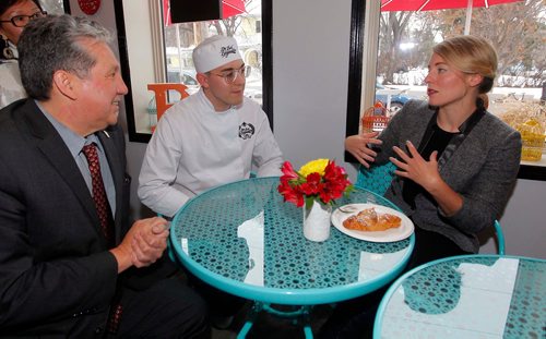 BORIS MINKEVICH / WINNIPEG FREE PRESS
The Honourable Mélanie Joly, Minister of Canadian Heritage, right, talks to Winnipeg's Saint Boniface-Saint Vital MP Dan Vandal, left, and La Belle Baguette dir. of operations  Alix Loiselle, middle, at La Belle Baguette. Minister Joly had a public event meeting local small business people and talking about the small business tax cut. Nov. 14, 2017