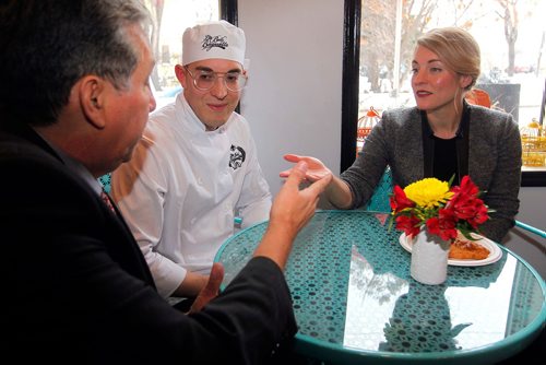 BORIS MINKEVICH / WINNIPEG FREE PRESS
The Honourable Mélanie Joly, Minister of Canadian Heritage, right, talks to Winnipeg's Saint Boniface-Saint Vital MP Dan Vandal, left, and La Belle Baguette dir. of operations  Alix Loiselle, middle, at La Belle Baguette. Minister Joly had a public event meeting local small business people and talking about the small business tax cut. Nov. 14, 2017