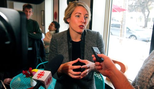 BORIS MINKEVICH / WINNIPEG FREE PRESS
The Honourable Mélanie Joly, Minister of Canadian Heritage talks to media at La Belle Baguette where the minister had a public event meeting local small business people and talking about the new small business tax cut. Nov. 14, 2017