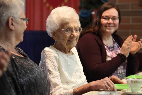 RUTH BONNEVILLE / WINNIPEG FREE PRESS

533 Greenwood

Hilda Wood celebrates her  110th birthday with friends and family just shy of the big day on Nov 17th at her seniors block in Wolseley Tuesday.  Her daughter Lynda Dick sits on her right and her granddaughter Pamela Rempel on her left at the head table.  Wood is very engaged with her guests as she poses for photos,  opens cards, throws kisses and greets guests with a warm smiles and handshake.  

See Alexandra Paul story. 

Nov 11, 2017