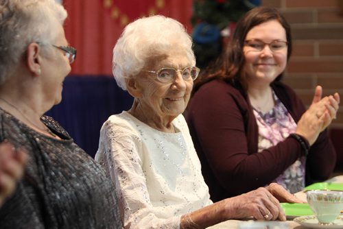 RUTH BONNEVILLE / WINNIPEG FREE PRESS

533 Greenwood

Hilda Wood celebrates her  110th birthday with friends and family just shy of the big day on Nov 17th at her seniors block in Wolseley Tuesday.  Her daughter Lynda Dick sits on her right and her granddaughter Pamela Rempel on her left at the head table.  Wood is very engaged with her guests as she poses for photos,  opens cards, throws kisses and greets guests with a warm smiles and handshake.  

See Alexandra Paul story. 

Nov 11, 2017