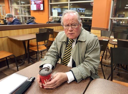JASON HALSTEAD / WINNIPEG FREE PRESS

Canadian white nationalist Frederick Paul Fromm has a coffee at a West End Winnipeg Tim Hortons store on Nov. 15, 2017. (See Ryan Thorpe story)