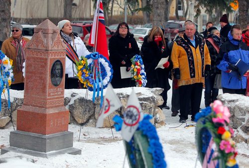 BORIS MINKEVICH / WINNIPEG FREE PRESS
Louis Riel died 132 years ago and a special event commemorating this happen today at Louis Riel gravesite in St. Boniface. Man in yellow coat is Manitoba Metis Federation President David Chartrand. STANDUP PHOTO. Nov. 16, 2017