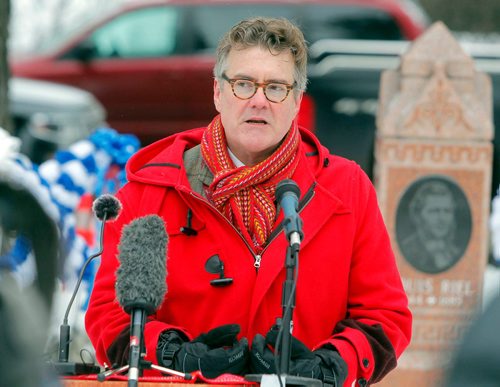 BORIS MINKEVICH / WINNIPEG FREE PRESS
Louis Riel died 132 years ago and a special event commemorating this happen today at Louis Riel gravesite in St. Boniface. MB Liberal leader Dougald Lamont addresses the crowd. STANDUP PHOTO. Nov. 16, 2017