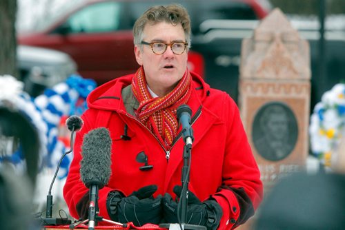 BORIS MINKEVICH / WINNIPEG FREE PRESS
Louis Riel died 132 years ago and a special event commemorating this happen today at Louis Riel gravesite in St. Boniface. MB Liberal leader Dougald Lamont addresses the crowd. STANDUP PHOTO. Nov. 16, 2017