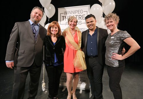 JASON HALSTEAD / WINNIPEG FREE PRESS

L-R: Cory Wojcik (award nominee), Janet Stewart (CBC anchor and event co-host), Brenda Gorlick (organizing committee member), Joseph Sevillo (nominee) and Stephanie Plaitin (event organizer) at the inaugural Winnipeg Theatre Awards at the West End Cultural Centre on Nov. 12, 2017. (See Social Page)