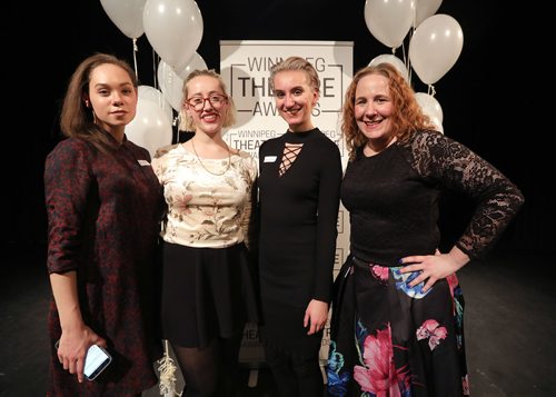 JASON HALSTEAD / WINNIPEG FREE PRESS

L-R: Event volunteers Melissa Langdon, Sarah Flynn, Ady Kay and Shayna Greenfield  at the inaugural Winnipeg Theatre Awards at the West End Cultural Centre on Nov. 12, 2017. (See Social Page)