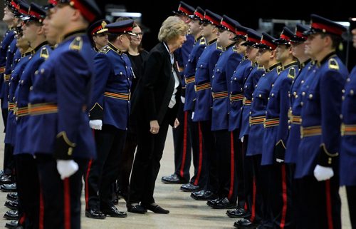 BORIS MINKEVICH / WINNIPEG FREE PRESS
The Graduation Ceremony for Winnipeg Police Service Recruit Class #160 took place at the RBC Convention Centre, 3rd Floor, Hall A, 375 York Avenue, Winnipeg, MB, today. Lieutenant Governor of Manitoba Janice Filmon, middle, inspects the new grads. STANDUP PHOTO. Nov. 17, 2017