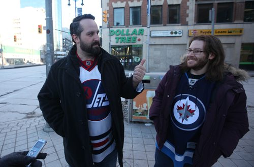 RUTH BONNEVILLE / WINNIPEG FREE PRESS

Colin Koop and Steven Champagne talk about how they avoided traffic issues  on their way to the Jets game at MTS Centre due tot the Santa Claus Parade Saturday.

See Jane's traffic story.  

Nov 18, 2017