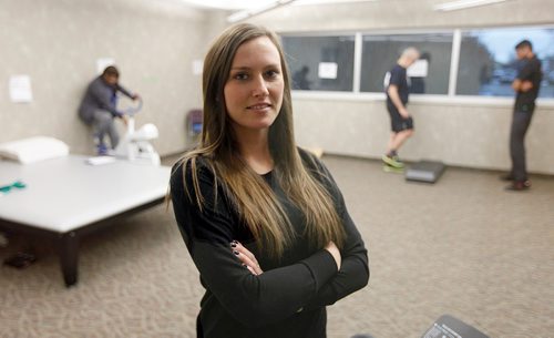 PHIL HOSSACK / WINNIPEG FREE PRESS  - Physiotherapist Jasmine Thorsteinson poses in the Reh-fit's new group physiothereapy room. See Jane Gerster's story re: Group Physiotherapy.   - November 20, 2017