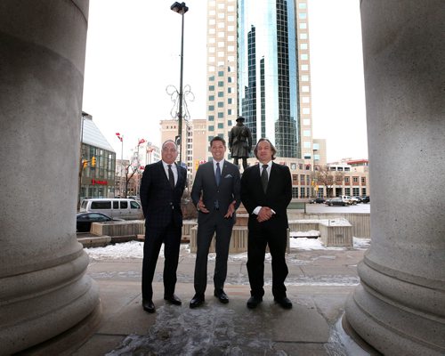 WAYNE GLOWACKI / WINNIPEG FREE PRESS

  Mayor Brian Bowman in centre with Bobby, at left, and his brother Jon Brown were presented with the Organizational Community Service Award for their family run business Leon A. Brown Ltd.   Since 1927,  Leon A. Brown Ltd. has been at Portage and Main and over the years has grown into a diverse company with film studios, residential and industrial development in Toronto, Vancouver, and Winnipeg. Many of The Exchange District's earliest revitalizations were the work of Leon A Brown Ltd. Including: 374 Donald, 376 Donald, 44 Princess, 460 Main, 111 Pacific, 109 Alexander and 92 Gomez. The company  supports a wide range of charitable causes including: The Winnipeg Foundation, UJA, Bnai Brith Camp, The Winnipeg Art Gallery, Canadian Museum of Human Rights and Nuit Blanche. At the ceremony held  Tuesday in the Bank of Montreal at Portage & Main they announced a donation to Art City and their support to open Portage and Main to pedestrians. Nov. 21  2017