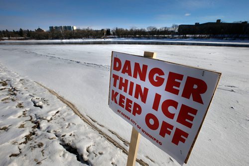WAYNE GLOWACKI / WINNIPEG FREE PRESS

Winnipeg Fire Paramedic Service and the Winnipeg Police Service urge caution due to thin ice conditions in drainage ditches, culverts, streams, creeks, retention ponds, and rivers. The public is reminded that while the WPS River Patrol Unit places Danger - Thin Ice signage at specific locations potentially dangerous areas like here along the Red River near The Forks, all ice should be considered unsafe even if warning signage is not present. The WFPS responds to an average of 200 water and ice safety calls each year. see release.  Nov. 21  2017