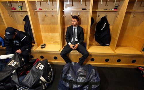 PHIL HOSSACK / WINNIPEG FREE PRESS  -  Winnipeg Blues defenceman Nick Cicek waits intently at the Iceplex Wednesday before boarding the team bus to Steinbach for a game. See Mike McIntyre's feature on team travel costs.... - November 22, 2017