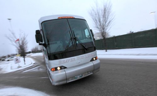 PHIL HOSSACK / WINNIPEG FREE PRESS  -  Winnipeg Blues Beaver Bus Line charter bus pulls out of the IcePlex parking lot Wednesday headed to Steinbach for a game. See Mike McIntyre's feature on team travel costs.... - November 22, 2017