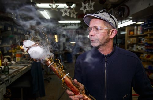 MIKE DEAL / WINNIPEG FREE PRESS
Larry Van Went, Master Builder, with the special staff he created for the Ghost of Christmas Present. The staff lights up and emits smoke. A behind the scene look during the preparation for the Royal Manitoba Theatre Centre's production of A Christmas Carol.
171116 - Thursday, November 16, 2017.