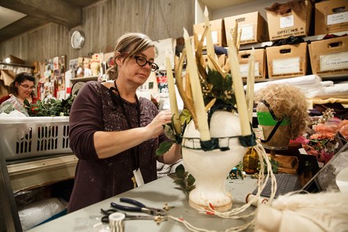 MIKE DEAL / WINNIPEG FREE PRESS
Judith Bowden, Costume Designer, builds the head piece for Ghost of Christmas Present in a behind the scene look during the preparation for the Royal Manitoba Theatre Centre's production of A Christmas Carol.
171116 - Thursday, November 16, 2017.