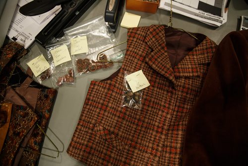 MIKE DEAL / WINNIPEG FREE PRESS
Buttons for Tiny Tim's costume organized in bags in the wardrobe room. A behind the scene look during the preparation for the Royal Manitoba Theatre Centre's production of A Christmas Carol.
171116 - Thursday, November 16, 2017.