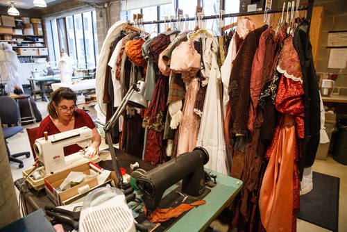 MIKE DEAL / WINNIPEG FREE PRESS
Jackie Van Winkle, Head Buyer and Accessories Coordinator works at a sewing machine in a busy wardrobe area where costumes are being made in a behind the scene look during the preparation for the Royal Manitoba Theatre Centre's production of A Christmas Carol.
171116 - Thursday, November 16, 2017.
