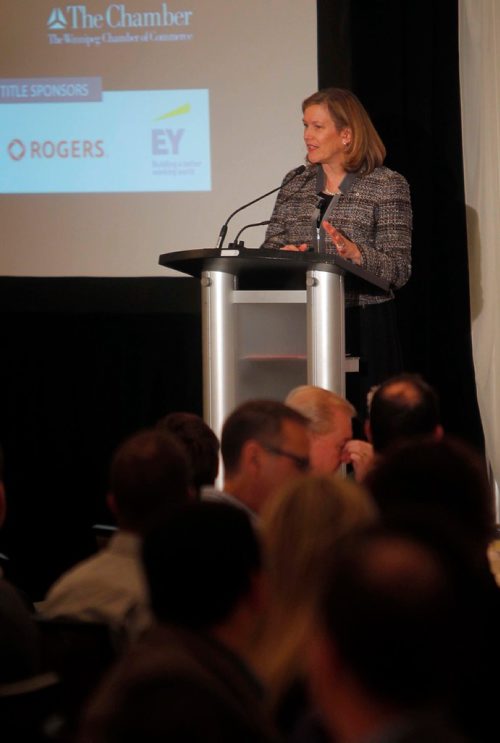 BORIS MINKEVICH / WINNIPEG FREE PRESS
Elyse Allan President and CEO of GE Canada and Vice President of GE speaking to the chamber of commerce at the Delta Hotel on the future of workplace automation. MARTIN CASH STORY Nov. 24, 2017