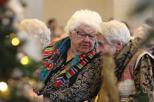 RUTH BONNEVILLE / WINNIPEG FREE PRESS

The Ukrainian Canadian community, government officials and others attend Ceremony marking the Holodomor famine genocide in Ukraine which took place in 1932-33, at City Hall Saturday.  
 Mrs. Luba Semaniuk (left) and Mrs. Zina Dlugosh, are two of the three Holodomor survivors that attended the ceremony, listens to the speakers Saturday.  
Nov 25, 2017
