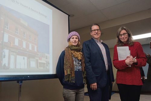 Canstar Community News Nov. 21, 2017 - Members of the Rubin Block Advocates Association are pictured from left, Linday Waedt, Jeff Palmer and Jennifer Lukovich. The association will be exploring community efforts to encourage redevelopment of the apartment building at 270 Morley Ave. (DANIELLE DA SILVA/CANSTAR/SOUWESTER)